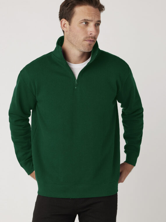 Sweatshirt, %100 Pamuk, İçi Şardonlu, 3 İplik Sweatshirt, Yarım Fermuarlı, Dik Yaka, Yeşil