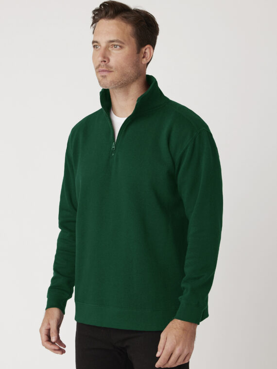 Sweatshirt, %100 Pamuk, İçi Şardonlu, 3 İplik Sweatshirt, Yarım Fermuarlı, Dik Yaka, Yeşil