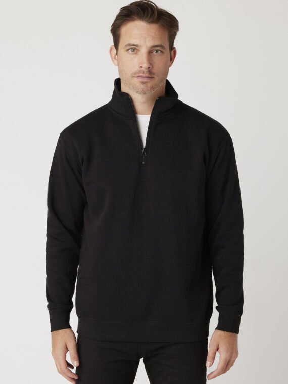 Sweatshirt, %100 Pamuk, İçi Şardonlu, 3 İplik Sweatshirt, Yarım Fermuarlı, Dik Yaka, Siyah