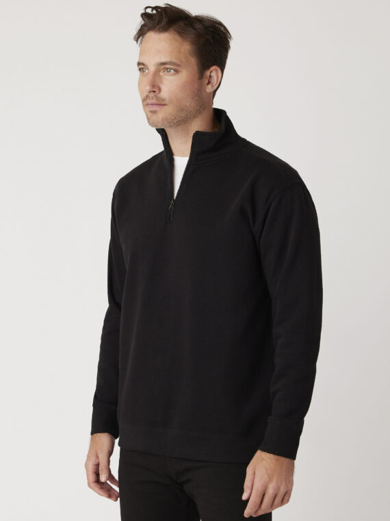 Sweatshirt, %100 Pamuk, İçi Şardonlu, 3 İplik Sweatshirt, Yarım Fermuarlı, Dik Yaka, Siyah